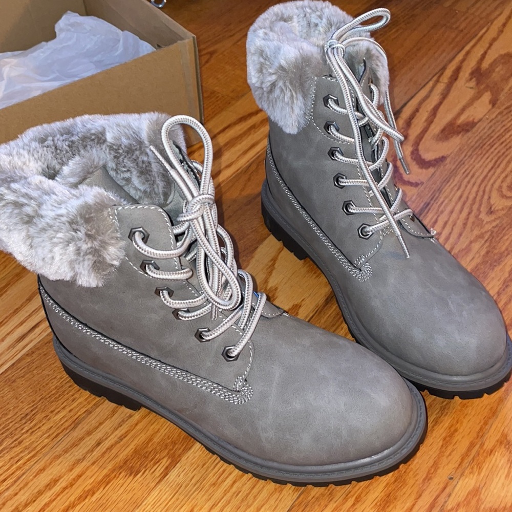 PORTLAND by Portland Boot Company Women's Faux Fur Trim Lace Up Boot in gray. W8